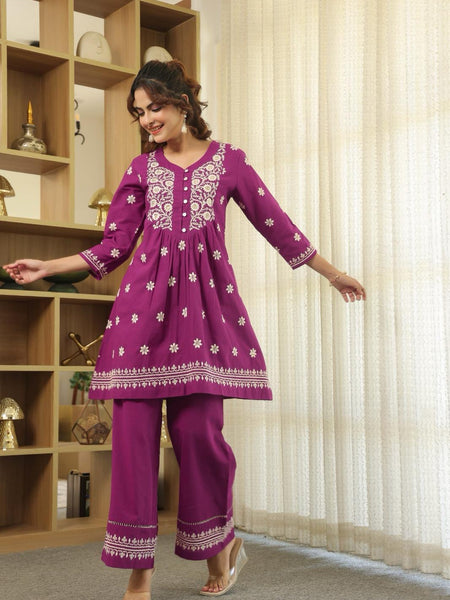 Plum Purple Floral Embroidered Cotton Kurta Set chicken kari suit