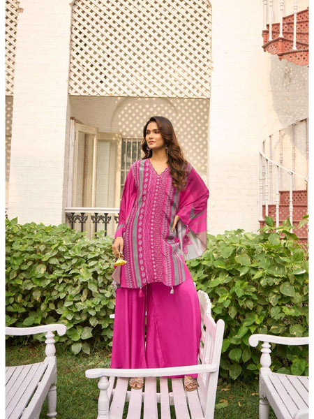 Pink Printed Kurta Set with Flared Pants & Dupatta