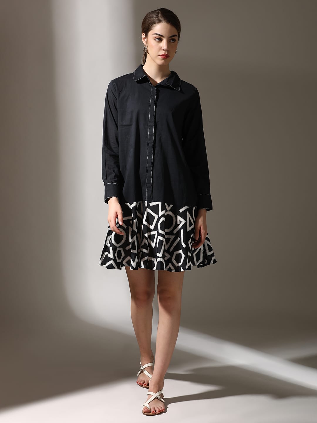Shirt Dress Two-Toned with Printed Skirt for women