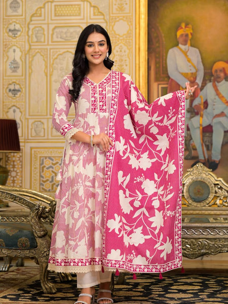 Cotton suit Pink Floral Print Kurta Set with Embroidered Dupatta by Mulson