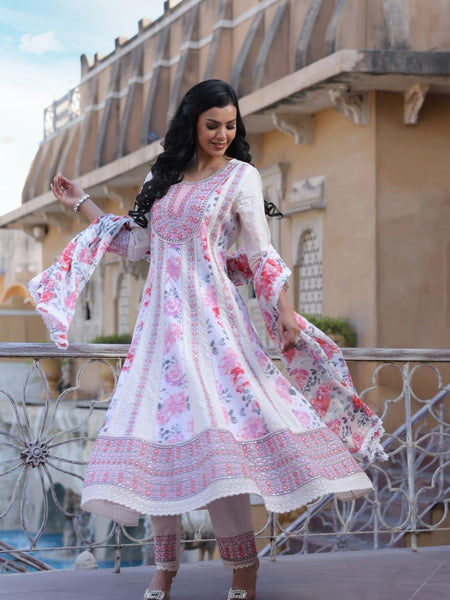 Cotton set Mulson Floral Embroidered Kurta Set with Chiffon Dupatta
