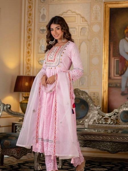 Pink Anarkali Kurta Set Embroidered with Sheer Dupatta