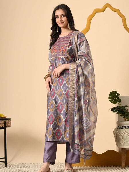 Mulson Grey Ikat Print Kurta Set with Embroidered Dupatta