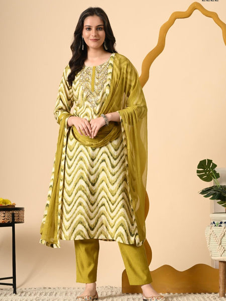 Olive Green suit Set with Embroidered Neckline