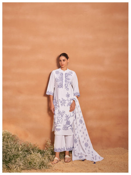 Blue and white kurti Mulson Embroidered Set