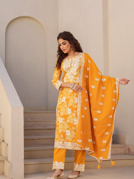 Yellow kurta set Mulson Florally Embroidered