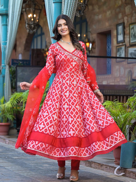 Red Ankarakali suit with Embroidered dupatta