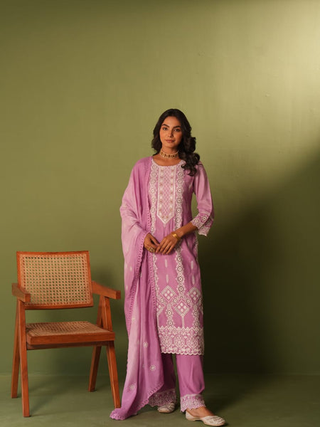 Pink Embroidered Kurta cotton set with Pants & Dupatta Set