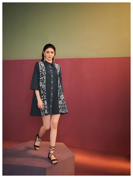 Dark Teal Embroidered A-Line Short Dress with Front Buttons