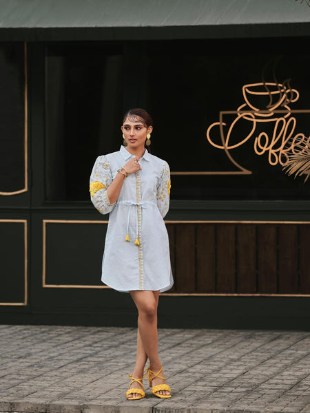 Long sleeve shirt dress with sunflower pattern for women