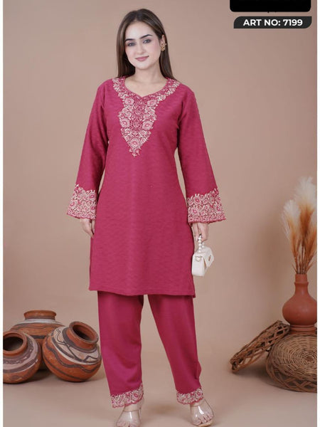 Add a touch of timeless elegance to your wardrobe with Mulson a beautifully crafted kurta designed for women who appreciate rich ethnic aesthetics. The deep rose shade is enhanced with intricate thread embroidery on the neckline and sleeves,