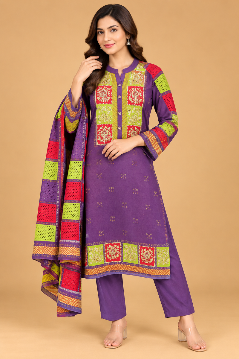 Olive Green Patchwork Embroidered Winter Kurta Pant Dupatta Set