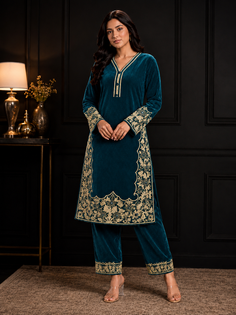 Peacock Blue Premium Velvet Embroidered Co-ord Set for Women