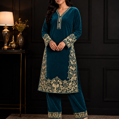 Peacock Blue Premium Velvet Embroidered Co-ord Set for Women