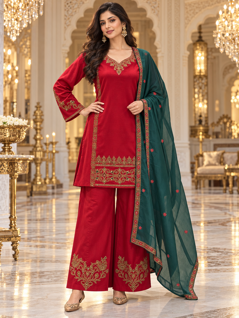 Corduroy Embroidered Kurta Palazzo Set with Mustard Gold Dupatta