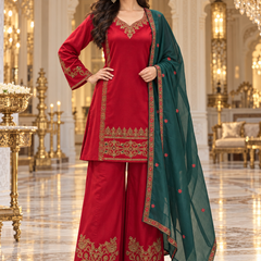 Corduroy Embroidered Kurta Palazzo Set with Mustard Gold Dupatta