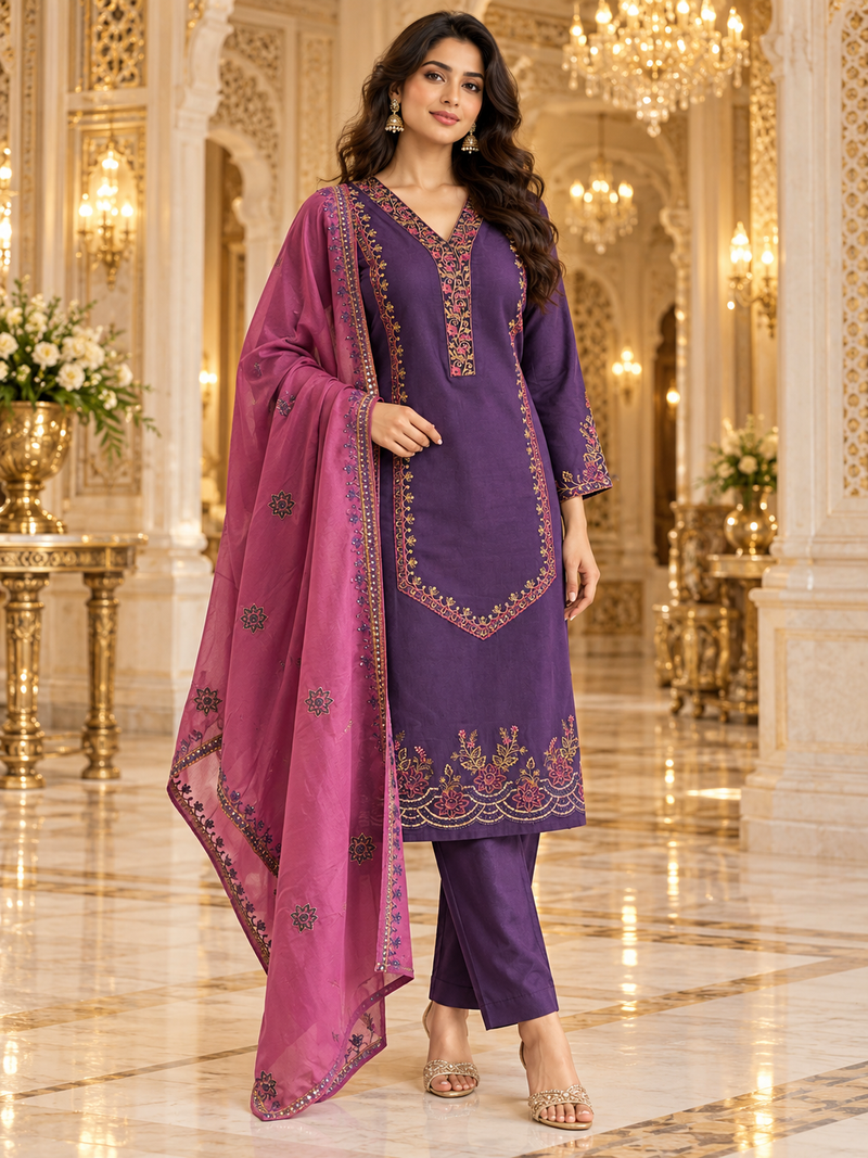 Corduroy Embroidered Kurta Pant Set with Teal Blue Dupatta