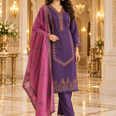 Corduroy Embroidered Kurta Pant Set with Teal Blue Dupatta