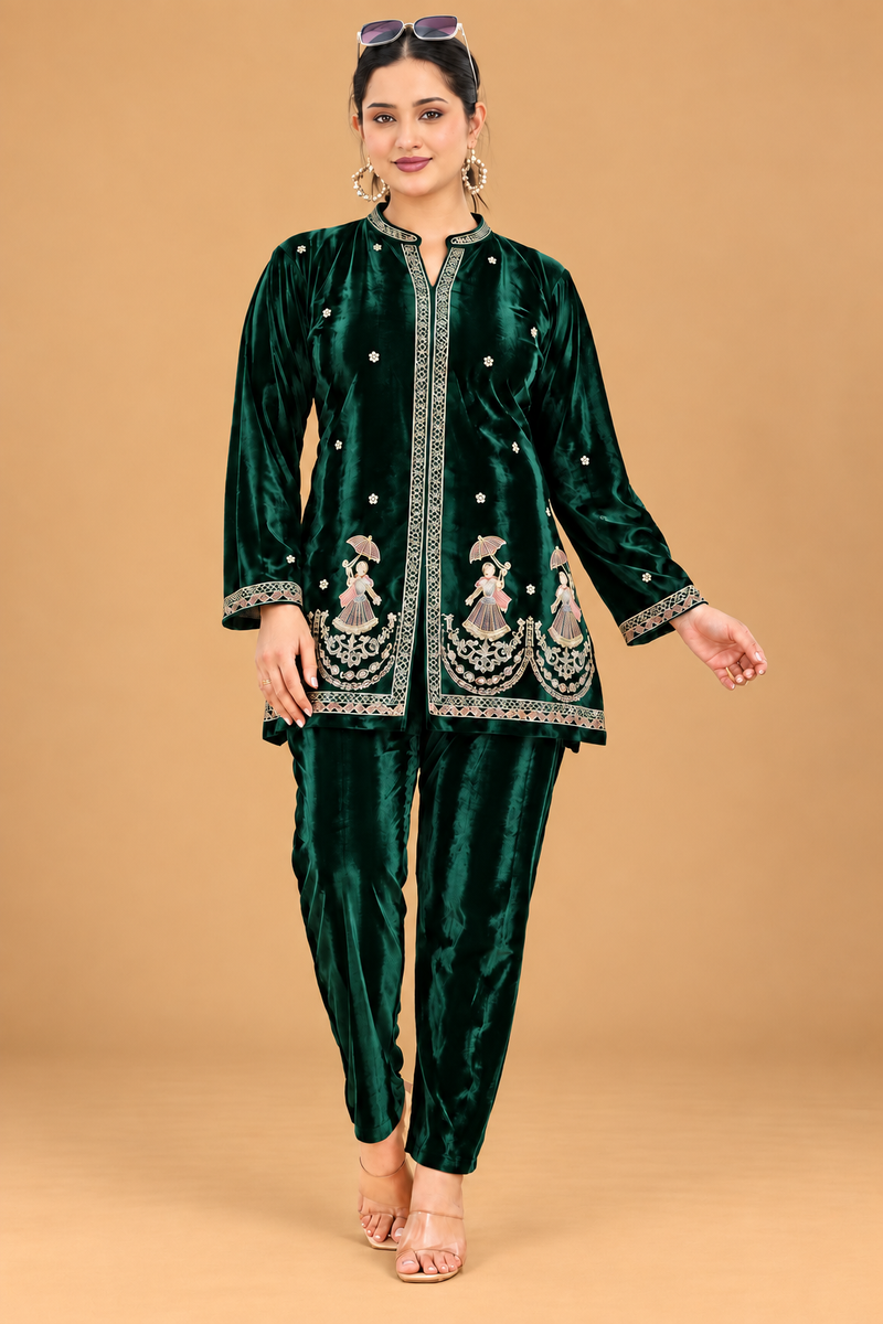 Royal Purple Velvet Embroidered Co-ord Set for Women