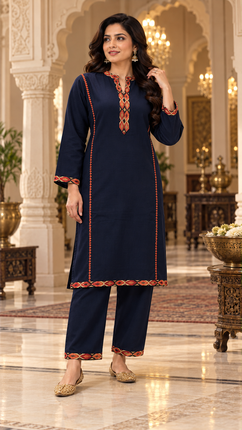 Kashmiri Border Work Winter Kurta Pant Set