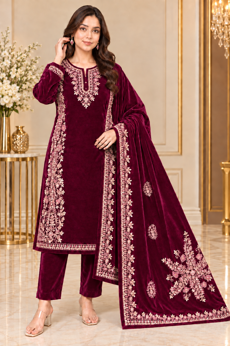 Corduroy Embroidered Velvet 3-Piece Suit Set with Dupatta