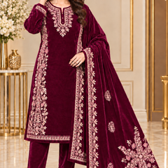 Corduroy Embroidered Velvet 3-Piece Suit Set with Dupatta