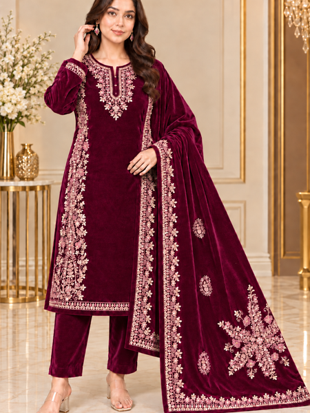 Corduroy Embroidered Velvet 3-Piece Suit Set with Dupatta