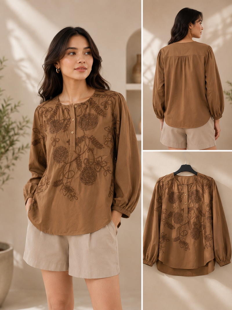 Women’s Coffee Brown Floral Embroidered Cotton Top | Full Sleeve Casual & Office Wear Blouse