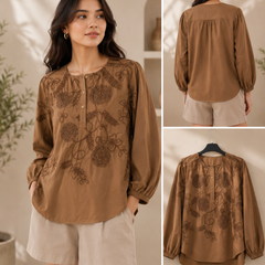Women’s Coffee Brown Floral Embroidered Cotton Top | Full Sleeve Casual & Office Wear Blouse