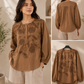 Women’s Coffee Brown Floral Embroidered Cotton Top | Full Sleeve Casual & Office Wear Blouse