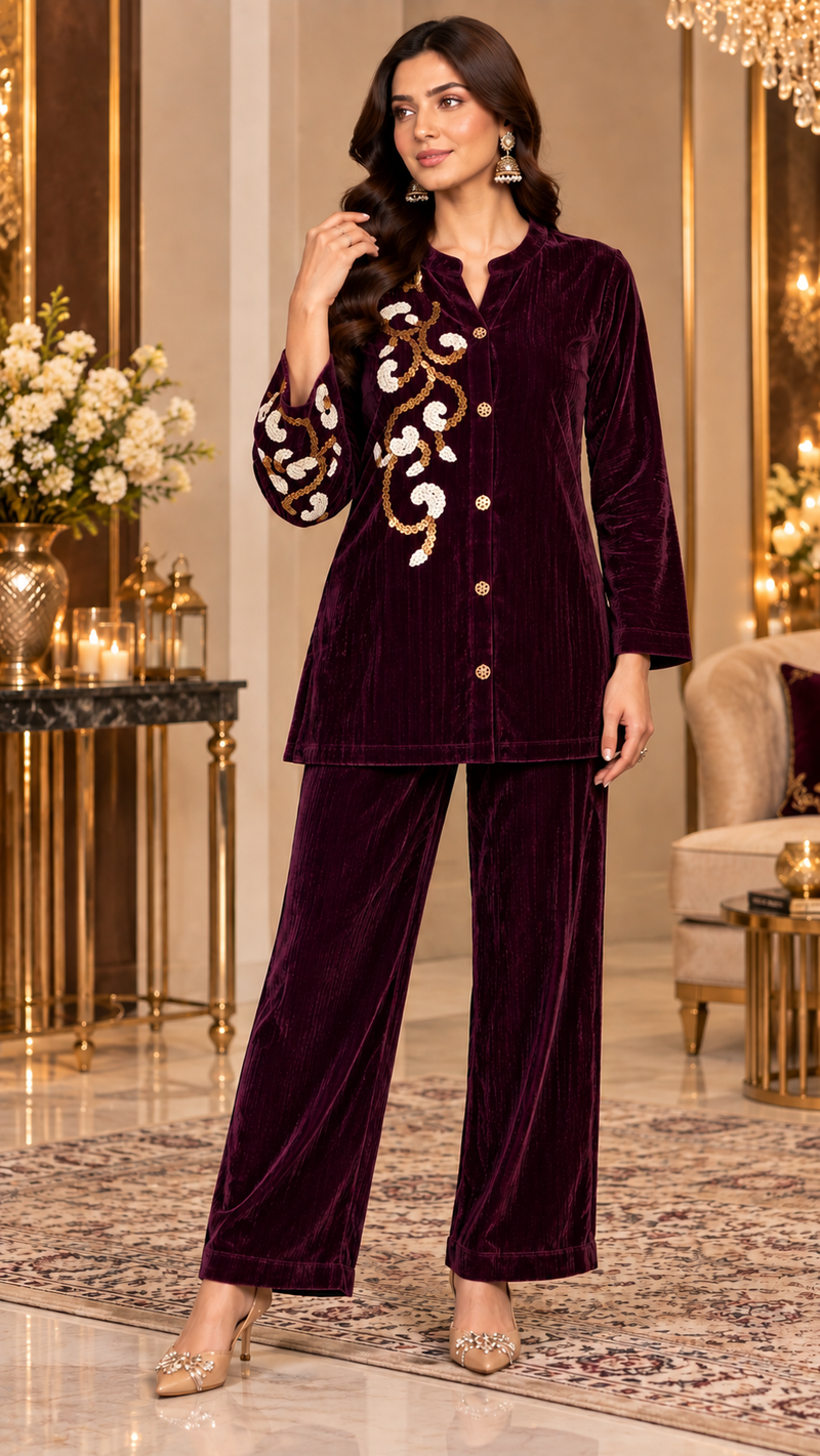 Corduroy Velvet Embroidered Co-ord Set