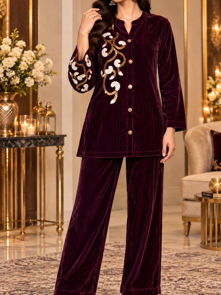 Corduroy Velvet Embroidered Co-ord Set