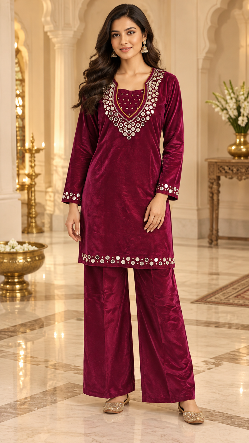 Corduroy Velvet Mirror Work Kurta Palazzo Set