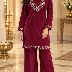 Corduroy Velvet Mirror Work Kurta Palazzo Set