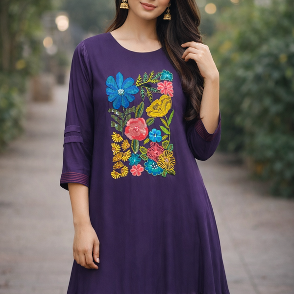 Purple Floral Embroidered Flared Kurta Dress.