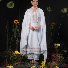 Women’s Powder Blue Floral Embroidered Kurta Pant Set with Dupatta | Elegant Ethnic Suit Set