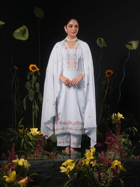 Women’s Powder Blue Floral Embroidered Kurta Pant Set with Dupatta | Elegant Ethnic Suit Set