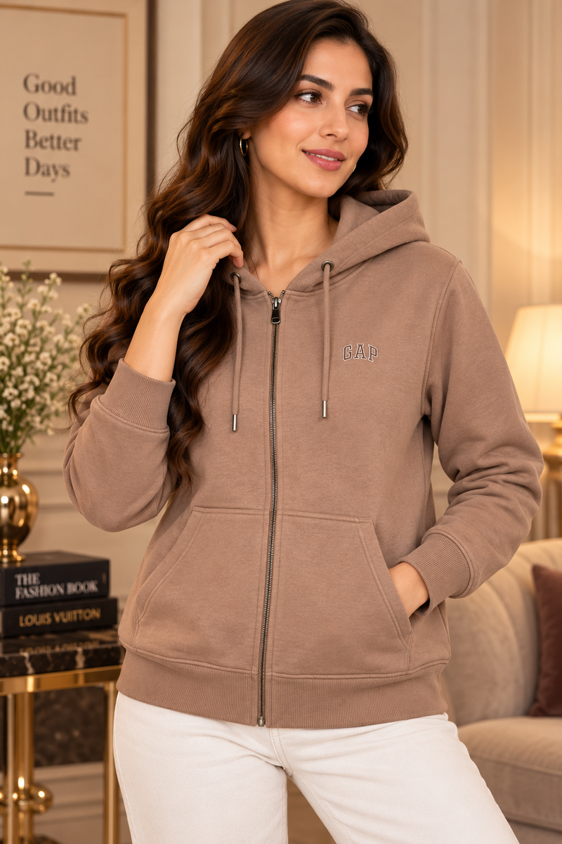 Women’s Premium Full-Zip Hooded Sweatshirt with Pockets – Taupe