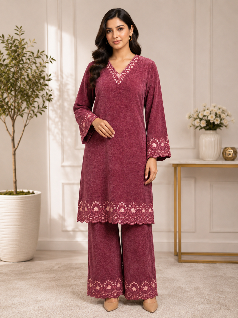 Aurelia Wine Embroidered Winter Co-ord Set