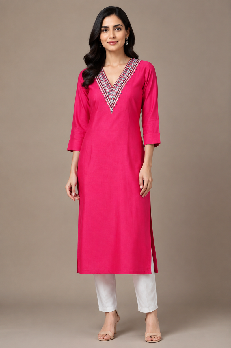 Women’s Rani Pink Embroidered Straight Kurta