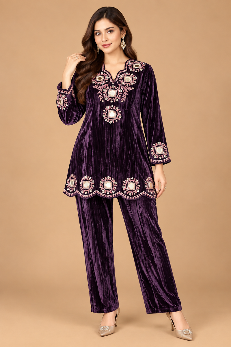 Royal Plum Velvet Mirror Embroidered Co-ord Set