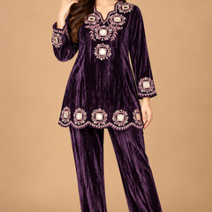 Royal Plum Velvet Mirror Embroidered Co-ord Set