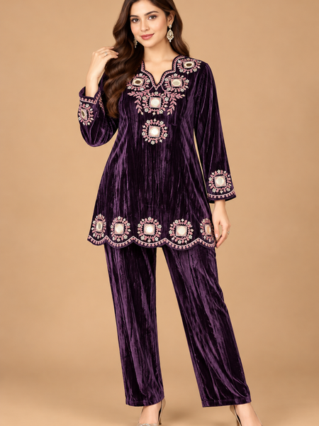 Royal Plum Velvet Mirror Embroidered Co-ord Set