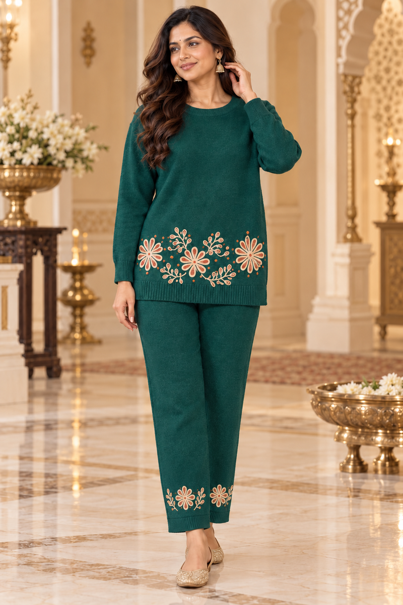 Floral Embroidered Knitted Winter Co-ord Set