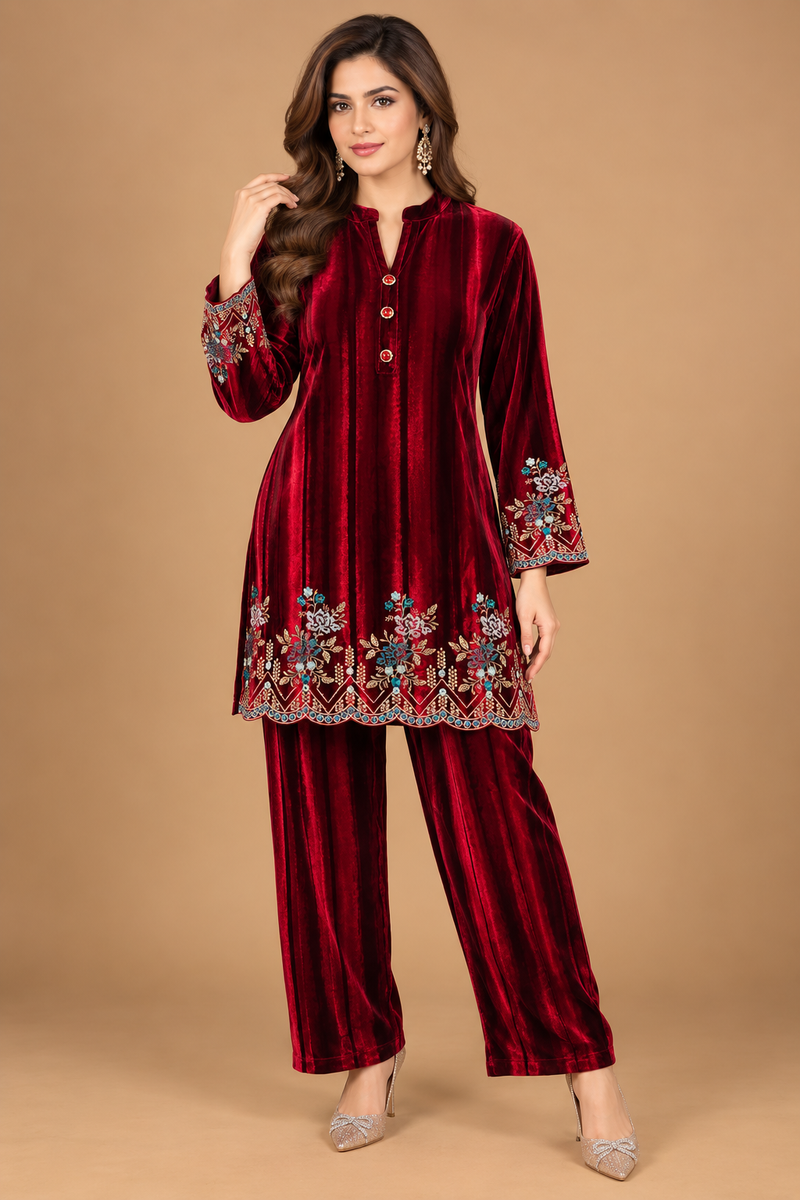 Ruby Wine Velvet Embroidered Co-ord Set