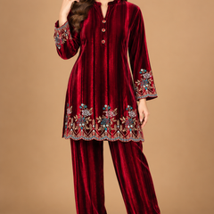 Ruby Wine Velvet Embroidered Co-ord Set