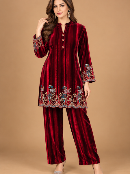 Ruby Wine Velvet Embroidered Co-ord Set
