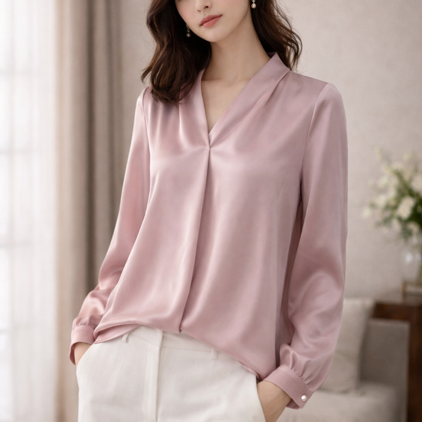 Mulson Luxe Satin Blouse – Emerald Green / Blush Pink