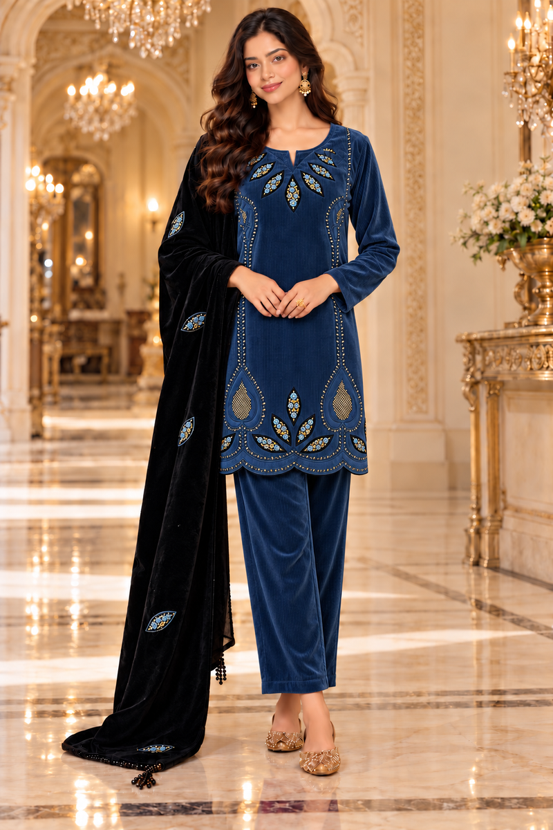 Corduroy Velvet Embroidered Kurta Pant Set with Black Dupatta