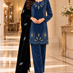 Corduroy Velvet Embroidered Kurta Pant Set with Black Dupatta
